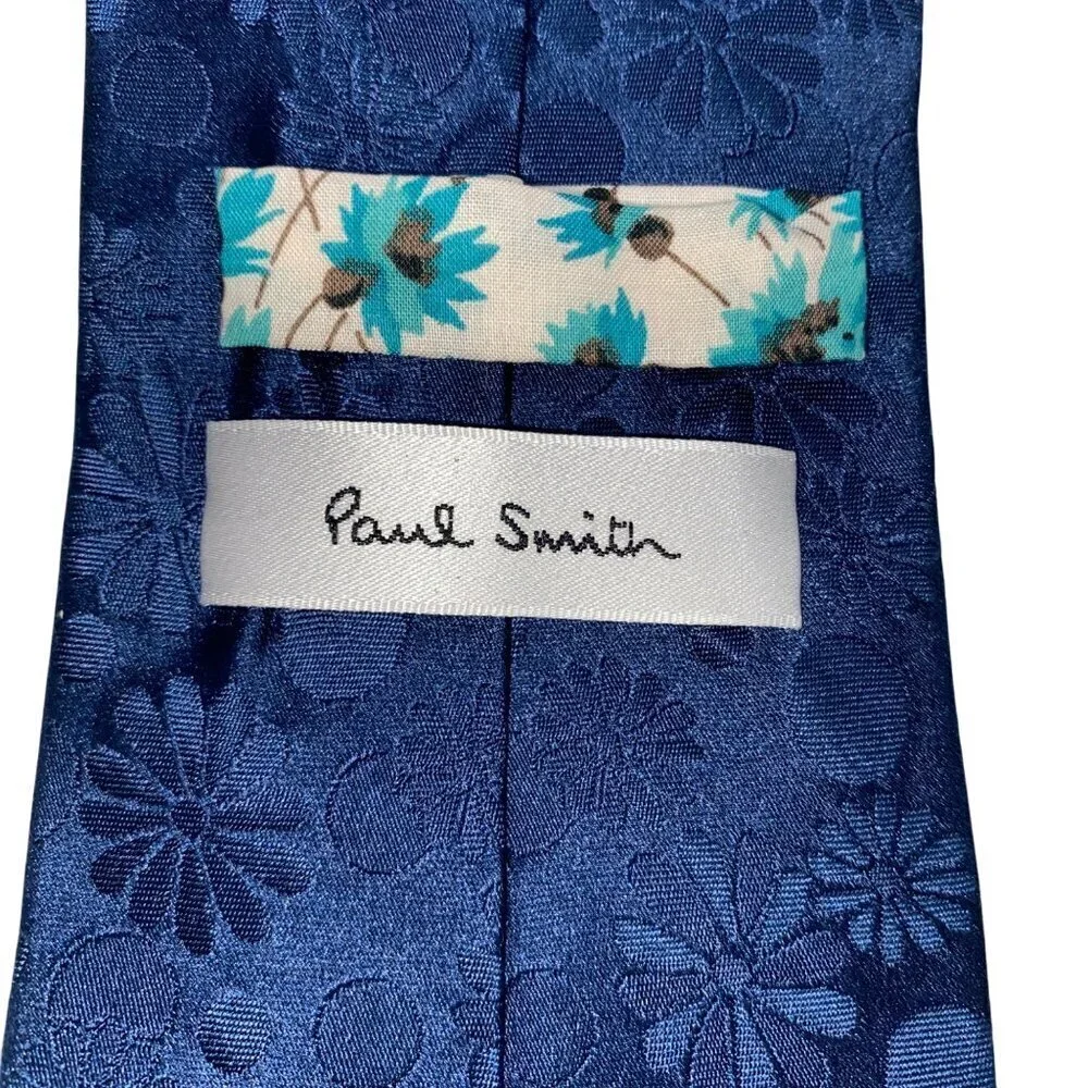 Paul Smith Men's Floral Jacquard Silk Tie Blue With Floral Lining Made In Italy